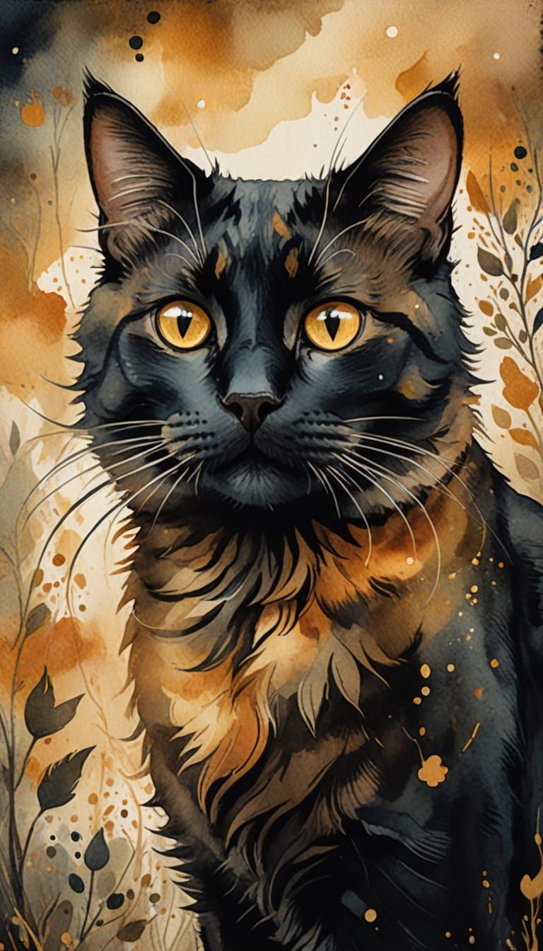 Whimsical Dark Calico Cat Portrait in Earthy Tones