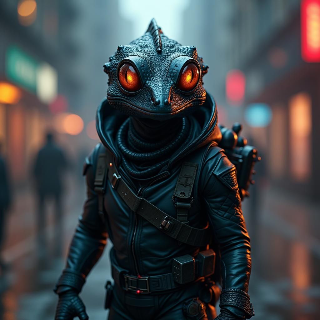 Gecko Assassin in Cyberpunk Cityscape