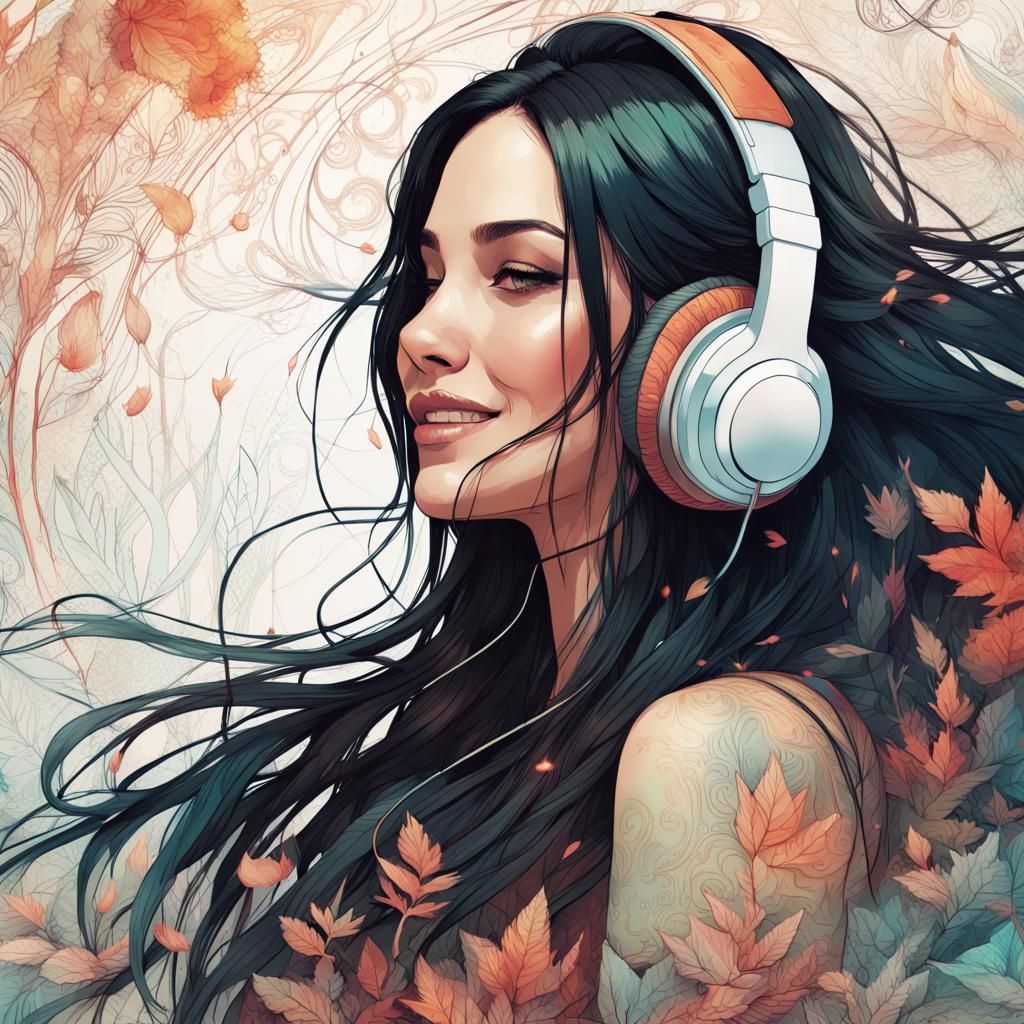 Smiling Woman with Headphones: Digital Art Painting