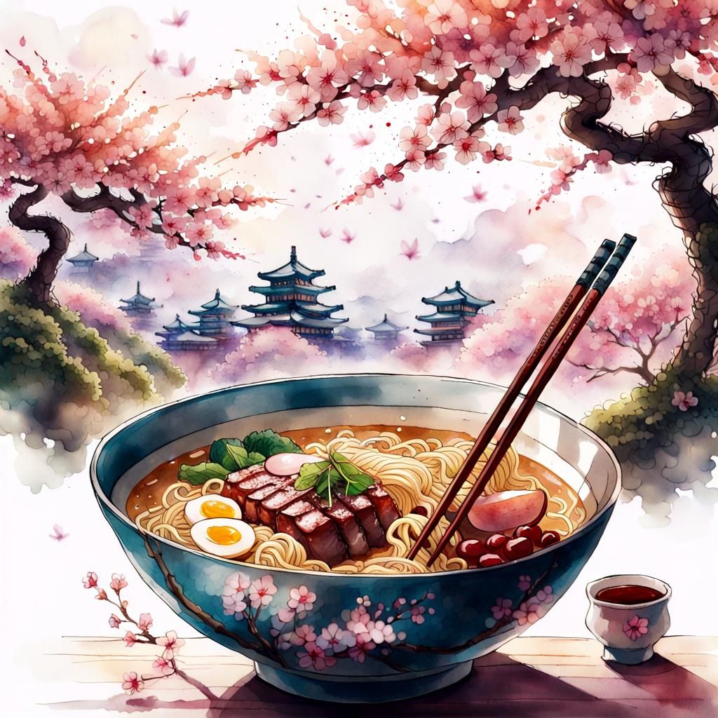 Ramen Bowl with Cherry Blossoms: Watercolor Illustration
