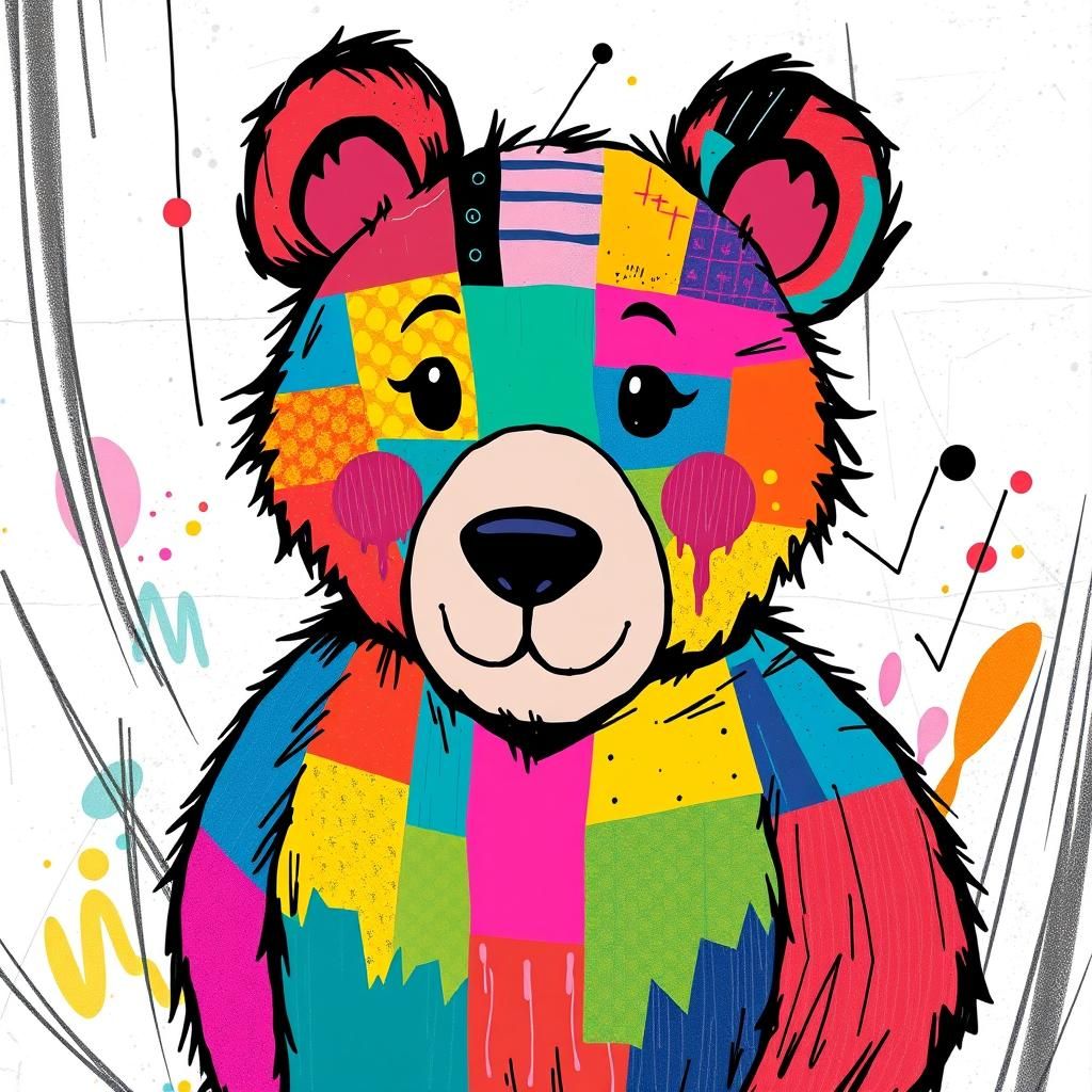 Vibrant Patchwork Neon Bear Cartoon Illustration