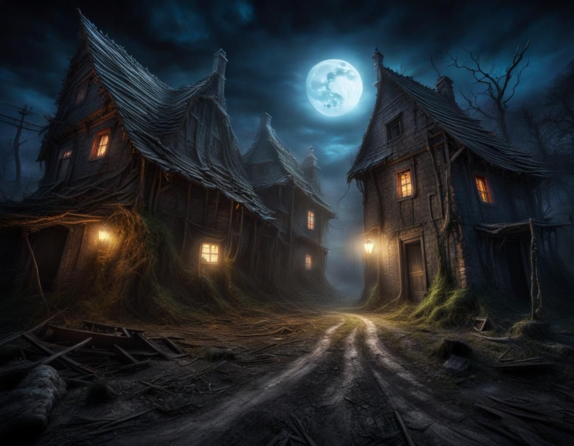 Haunted Village with Ghost in Dark Fantasy Style