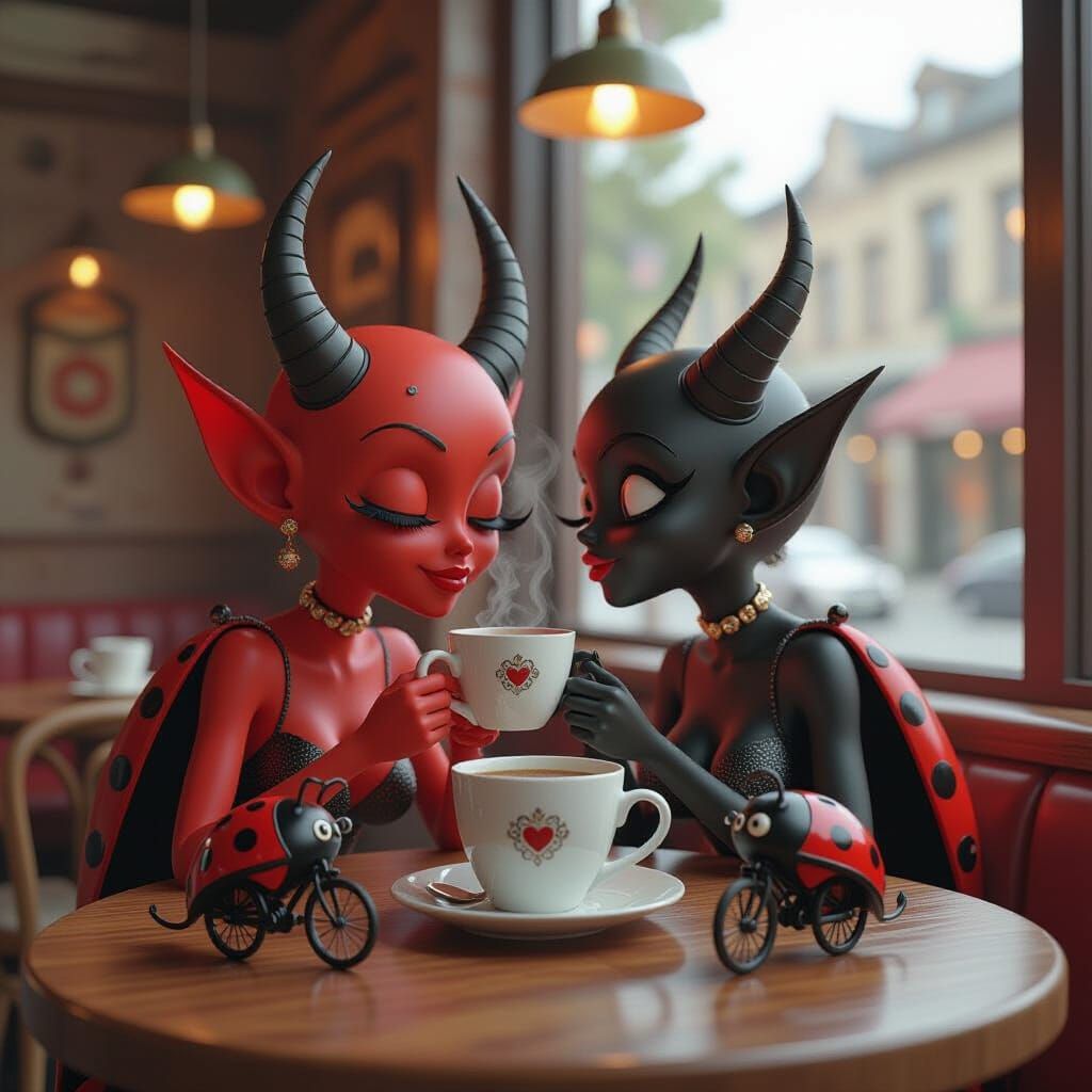 Cartoon Devil Enjoys Coffee in Cafe with Ladybugs