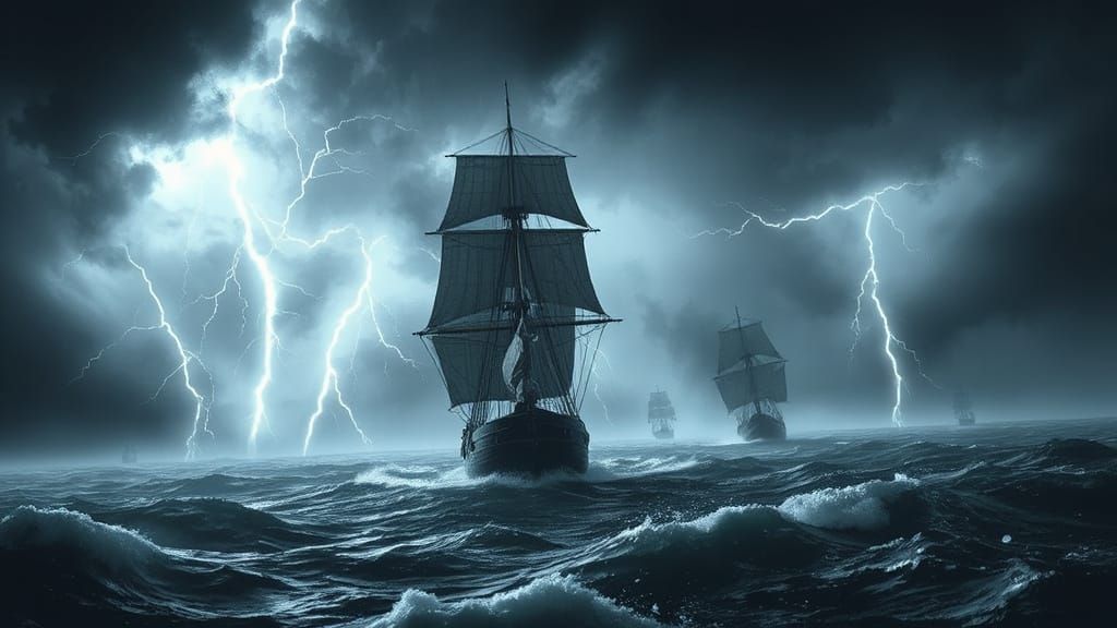 USS Chesapeake Fleeing Ghost Fleet in Storm