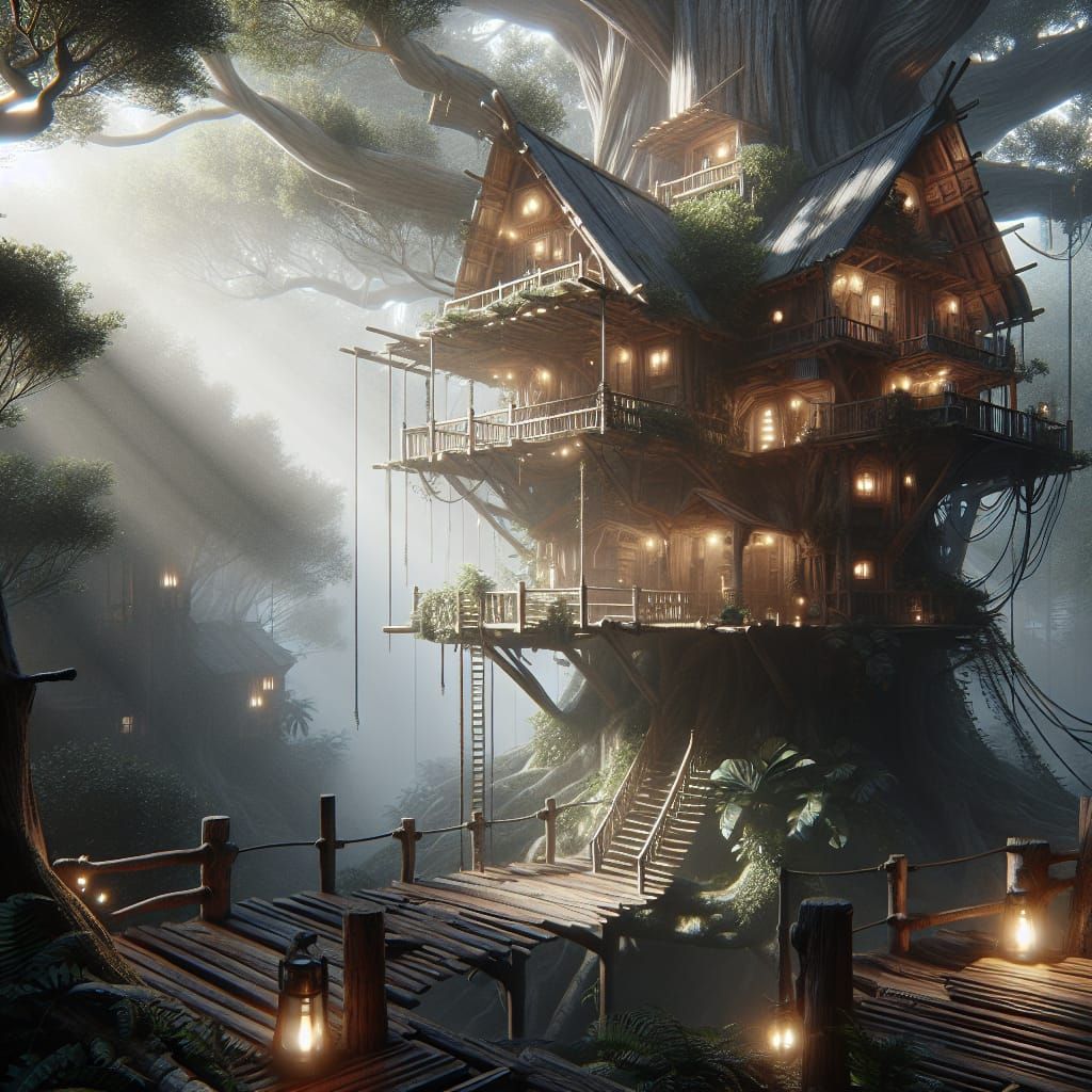 Hyperrealistic Treehouse with Dreamlike Cinematic Design