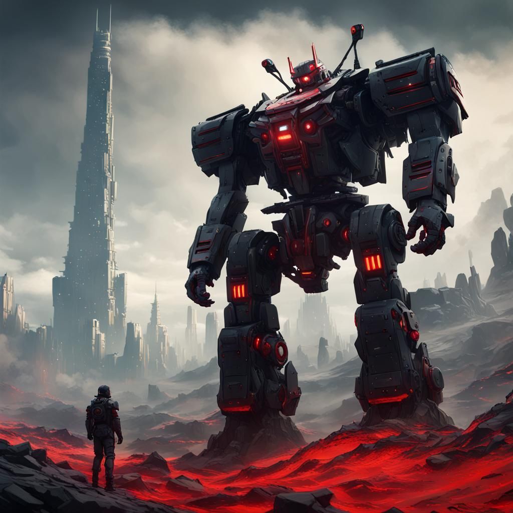 Giant Black Robot Mech Over Planet, Dark Fantasy Art