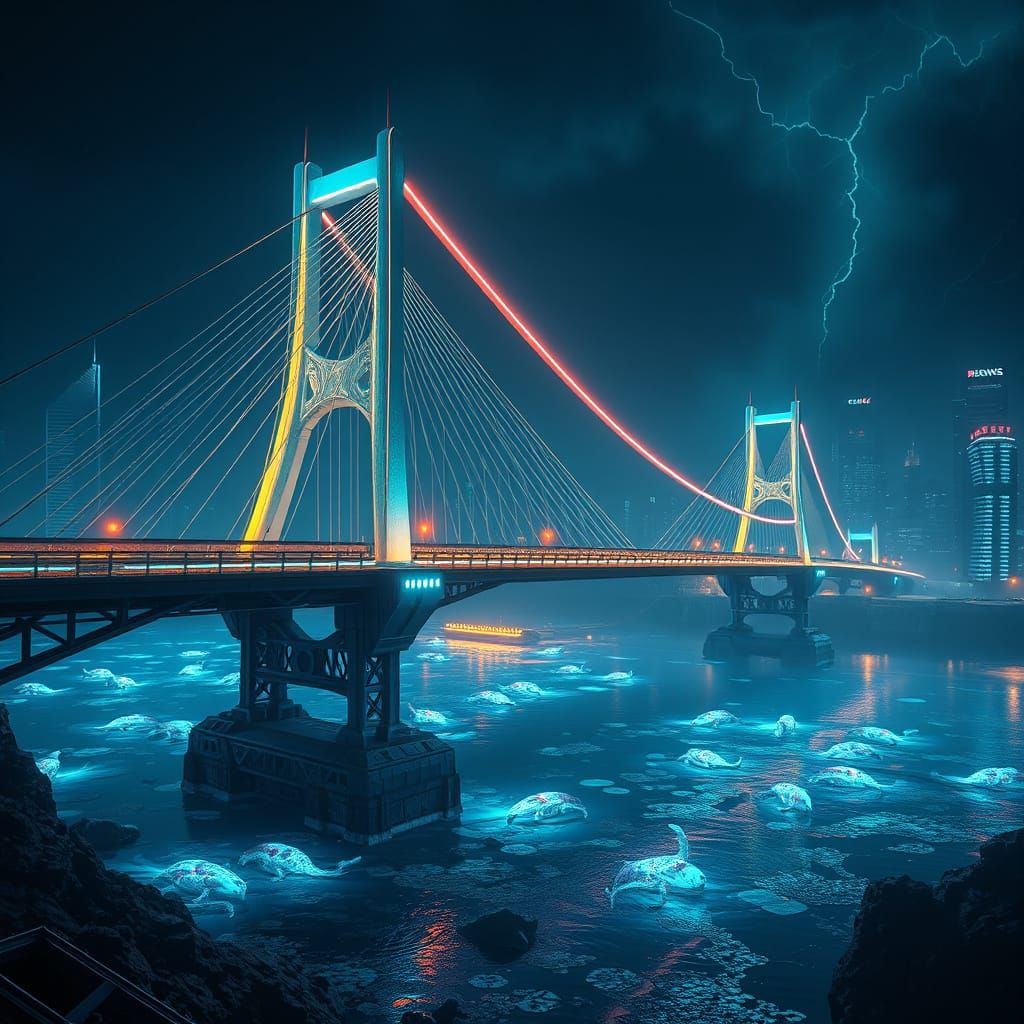 : A futuristic suspension bridge lit by neon lights over a glowing river, its sleek, metallic structure gleaming in the ...