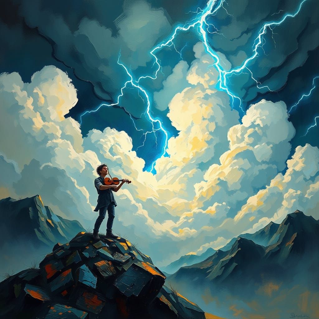 Stormy Musician in a Whimsical Landscape