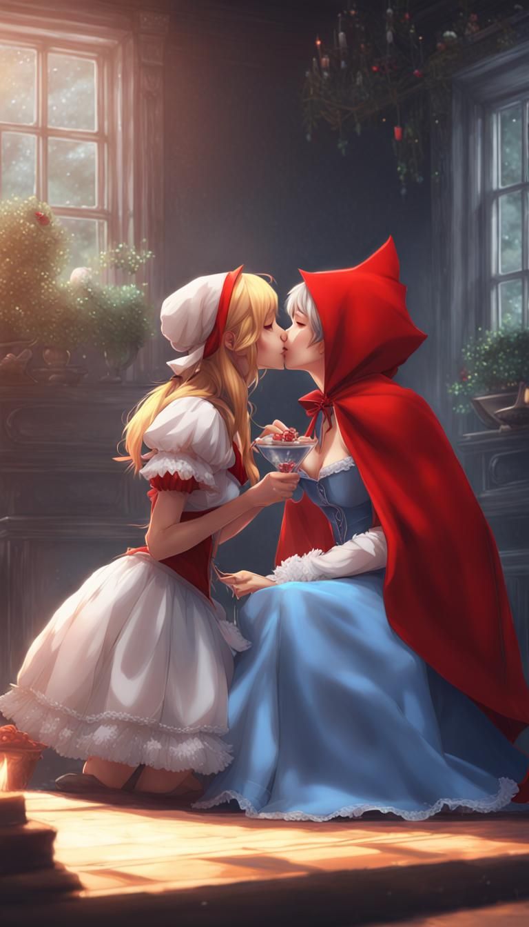 Little Red Riding Hood Kisses Cinderella in Anime Art