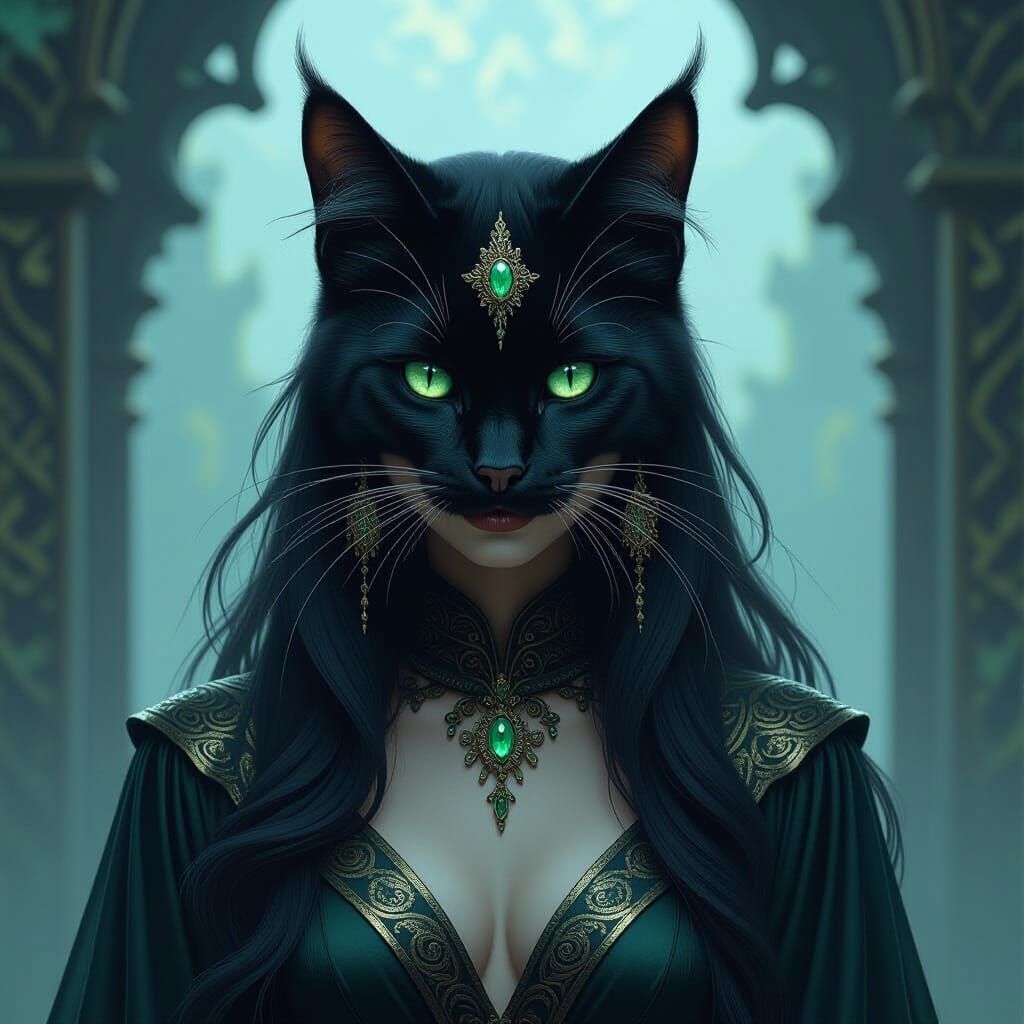 Mystical Cat-Woman Hybrid in Dark Fantasy Art
