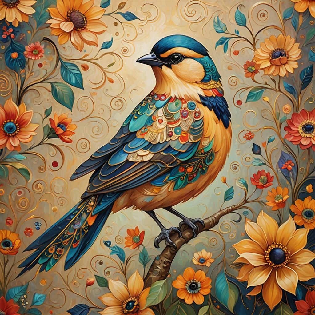 Whimsical Bird on Flower in Klimt Style