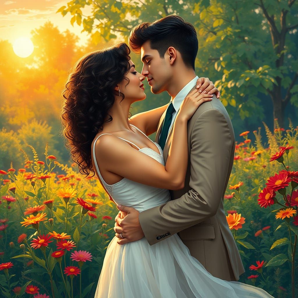 Elegant Ukrainian Couple Embracing in a Lush Impressionist L...