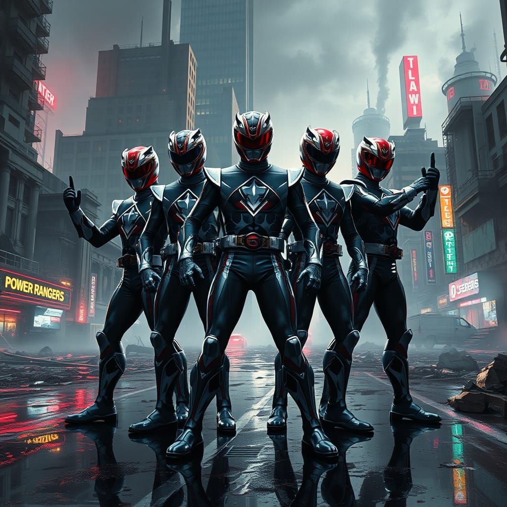 Power Rangers in Dystopian Cityscape