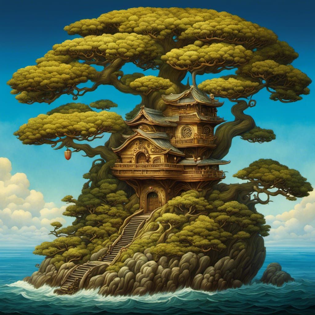 Old Juniper by the Sea: Surrealist Painting