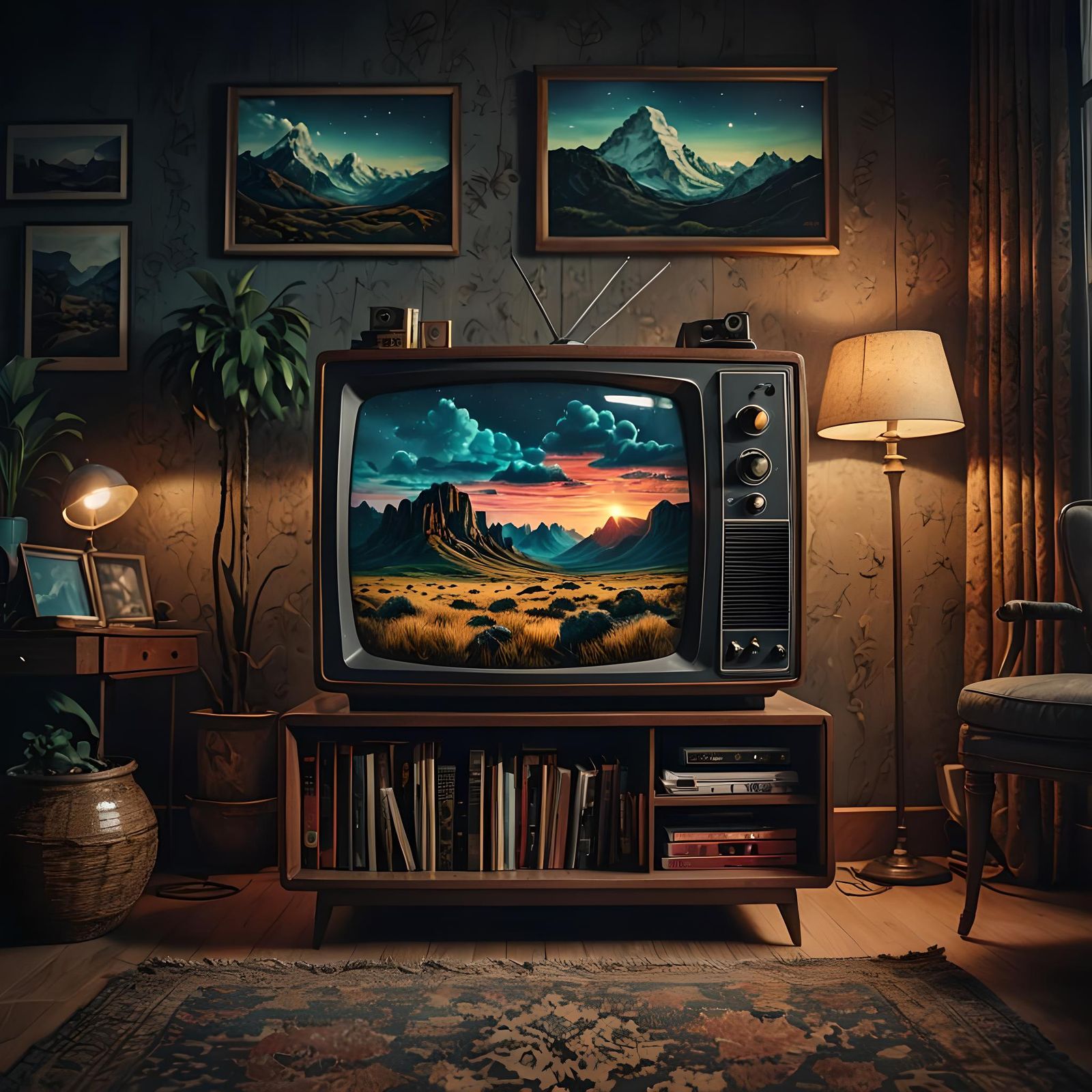 Vintage TV in Modern Room: Cinematic Nostalgia