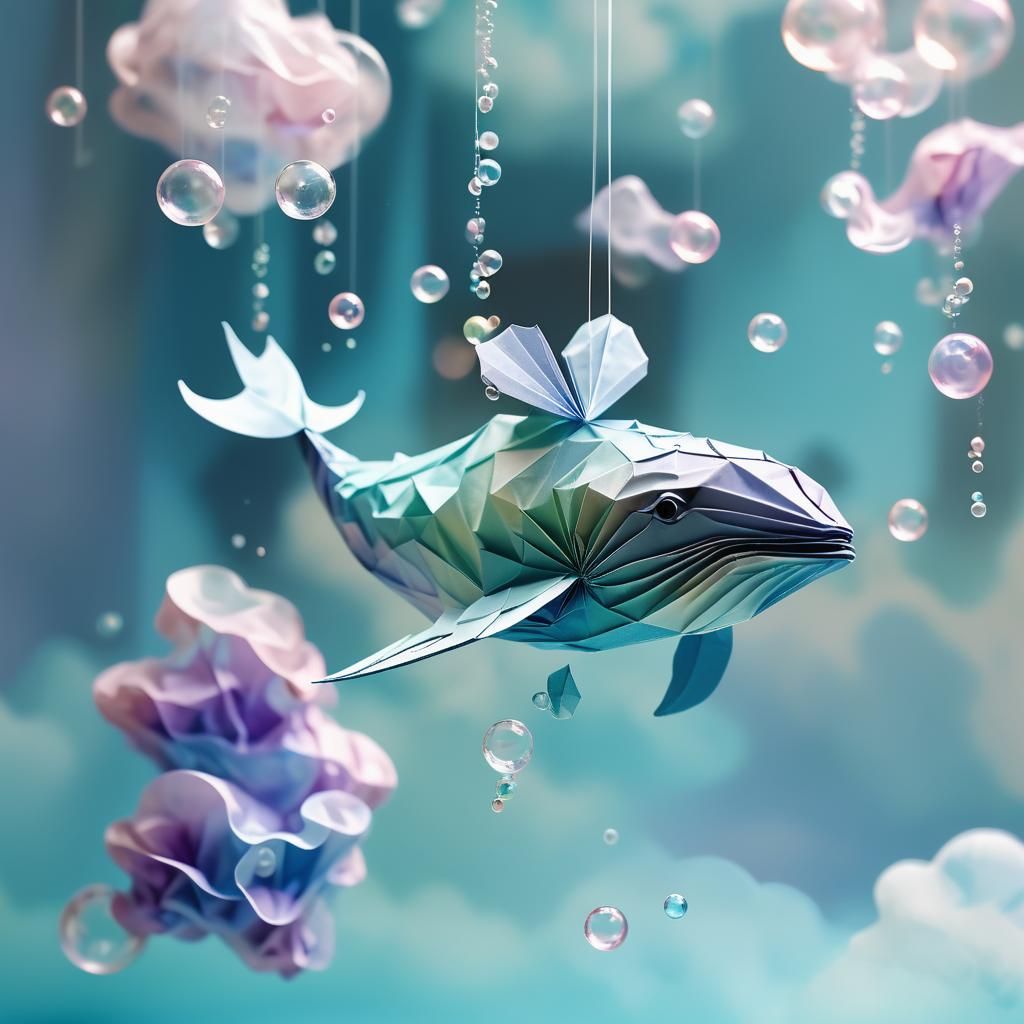 Origami Whale in a Dreamlike Bubble Cloud