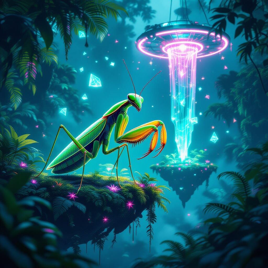Giant Neon Mantis in Bioluminescent Jungle