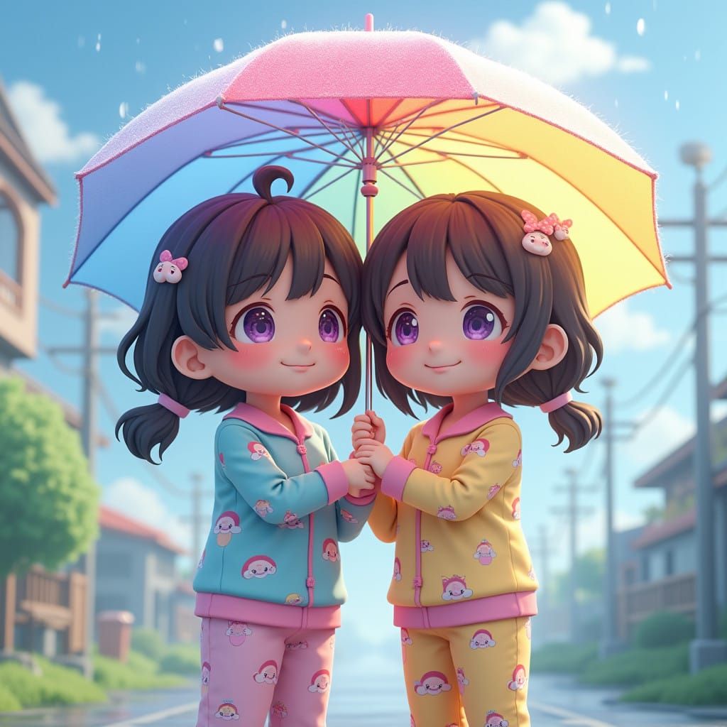Rainy Rainbow Girls in Vibrant Anime Art Style