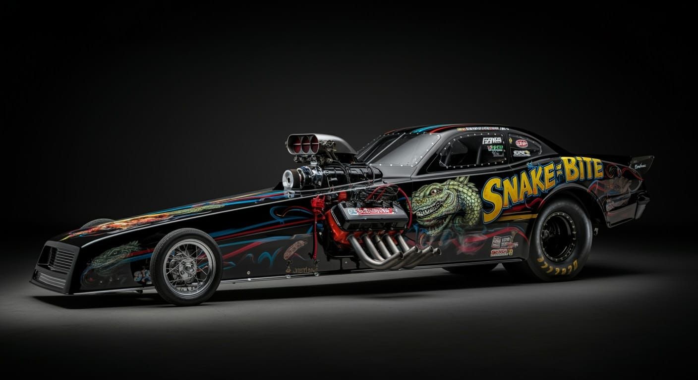 Sleek Black Dragster with Vintage NHRA Accents and Pinstripe...