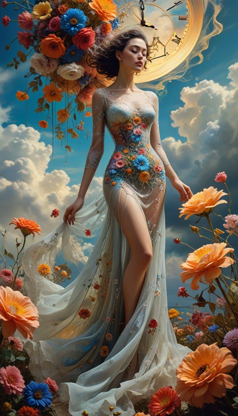 Ethereal Surrealist Beauty: Woman Amidst Melting Clocks and ...