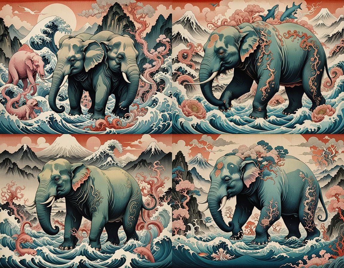 Surrealist Elephant Shark Squid in Ukiyo-e Style