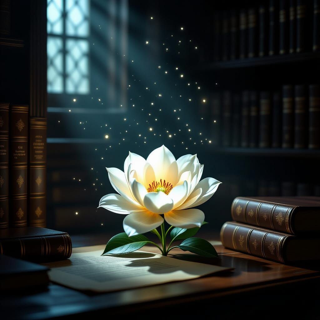 Bioluminescent Flower Blooms in Ancient Library