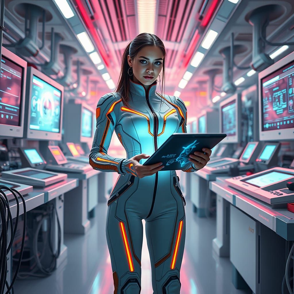 Futuristic Woman in Biomechanical Laboratory, Neon-Noir Styl...