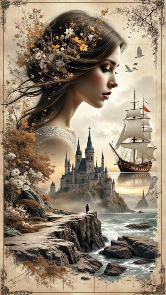 Fantasy Double Exposure of Woman and Castle