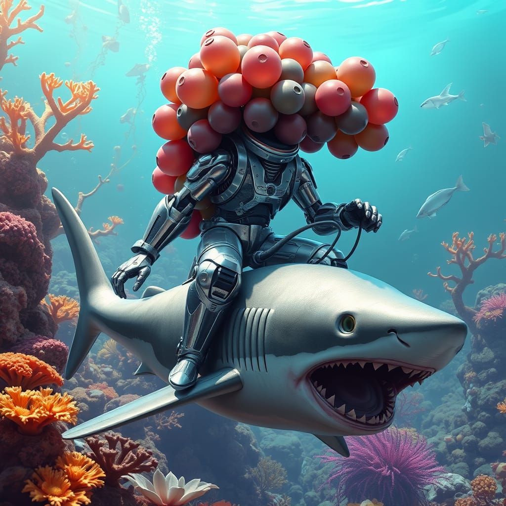 A robotic bunch-of-grapes character riding a hammer head sha...