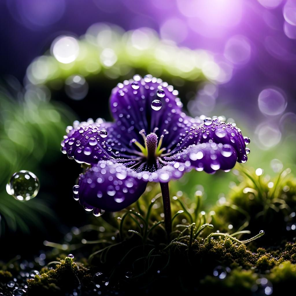 Macro Photo of Dew-Kissed Violet Flower with Bokeh