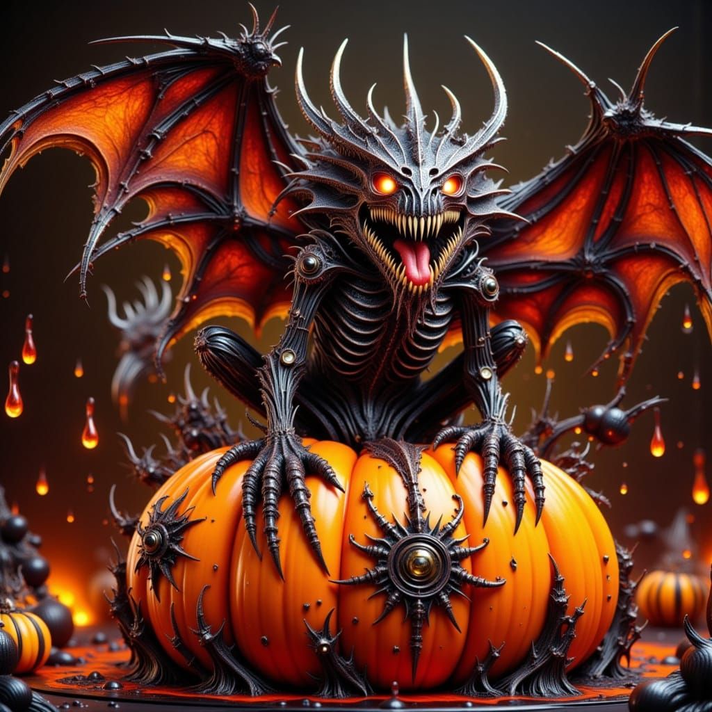 Gothic Gargoyle with Sharp Teeth on Pumpkin