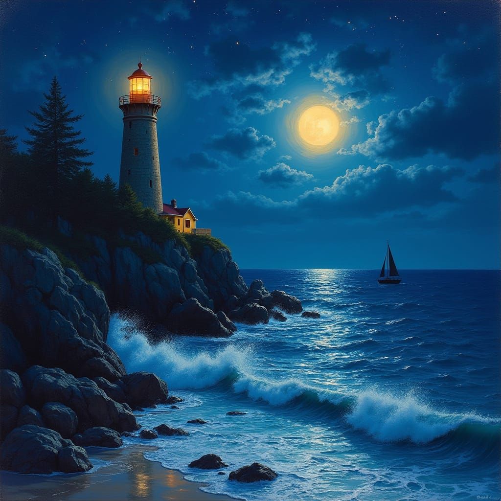 Impressionistic Coastal Scene at Night