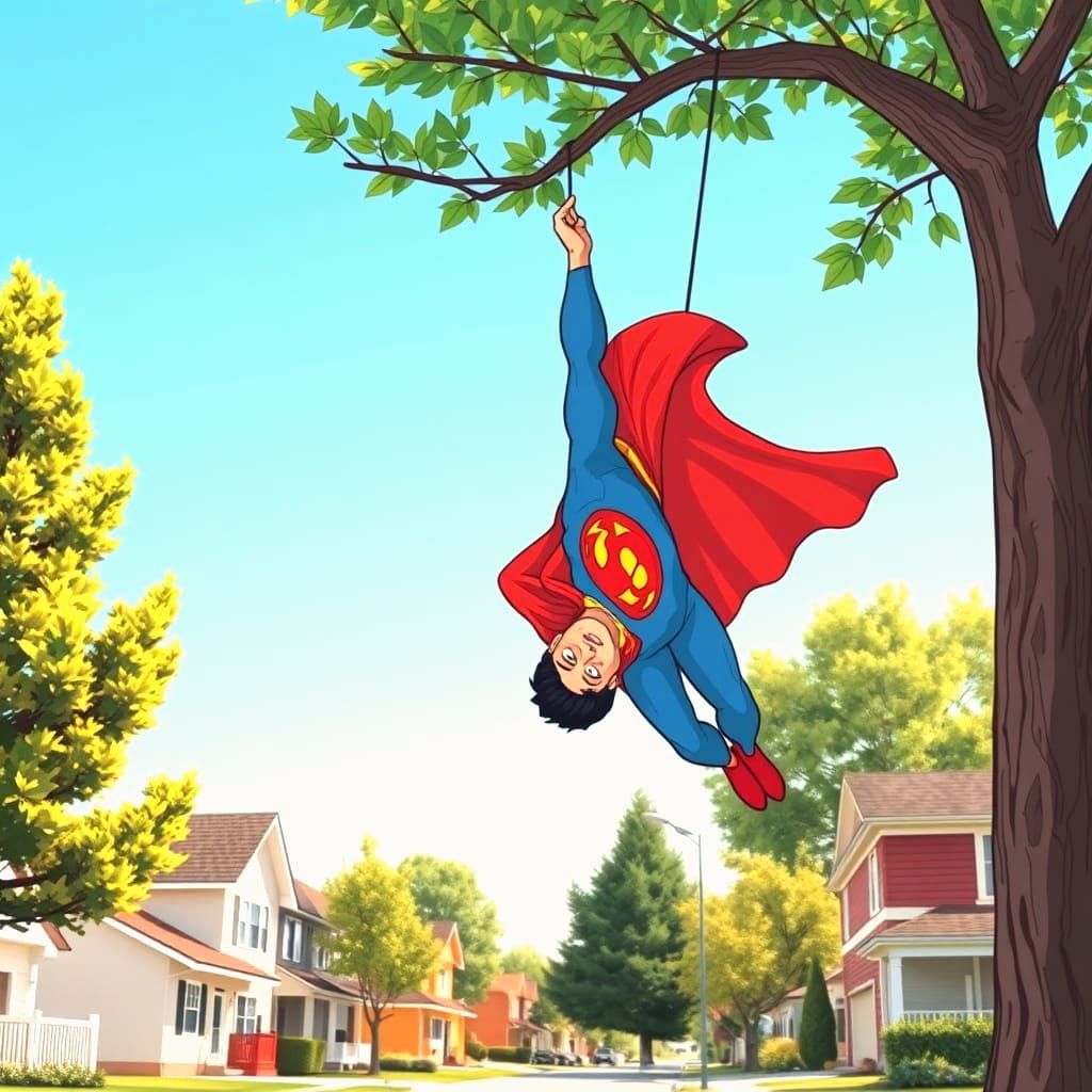 Superman's Cape Snagged on Tree, Girlfriend Laughs