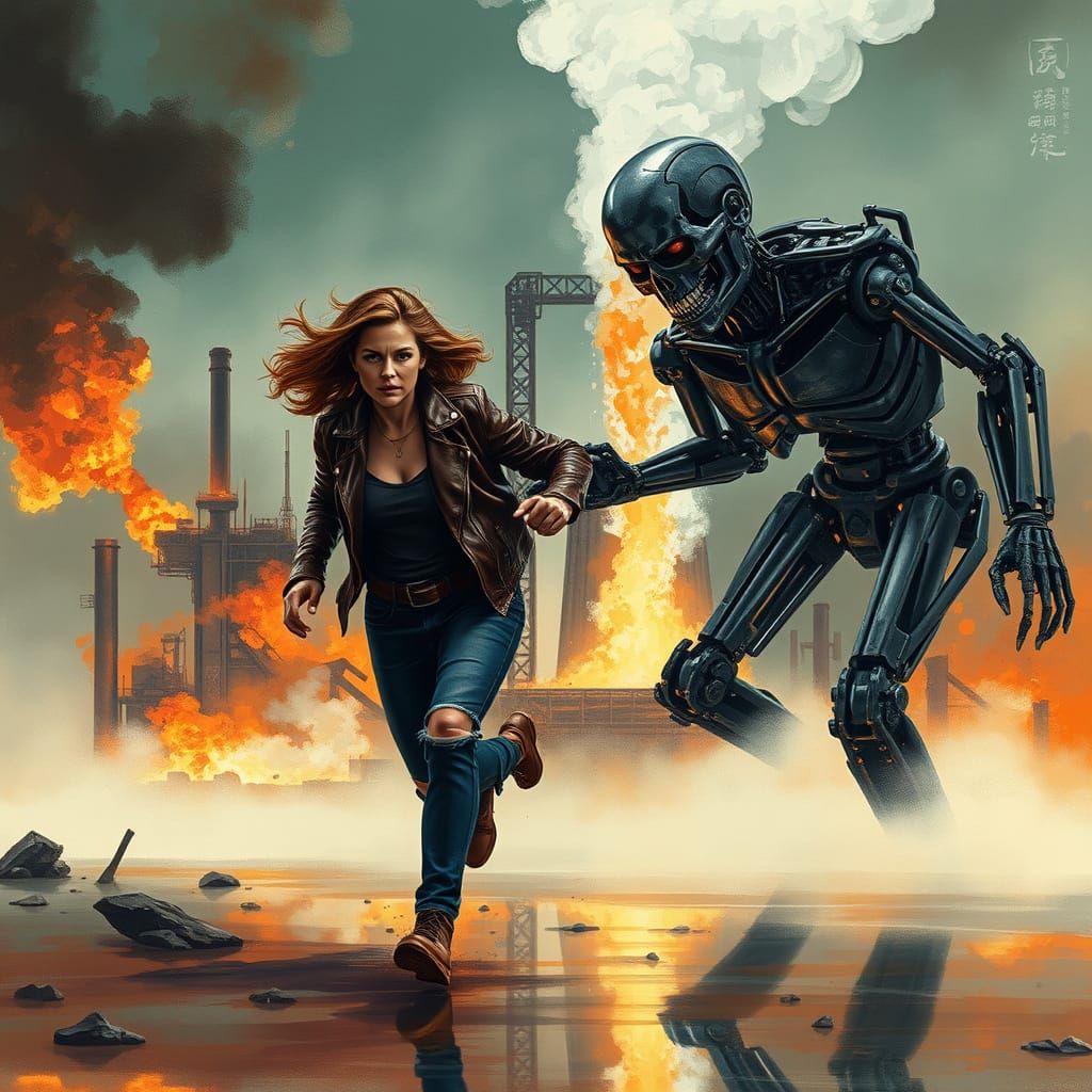 Sarah Connor vs T-1000 in Hokusai Style