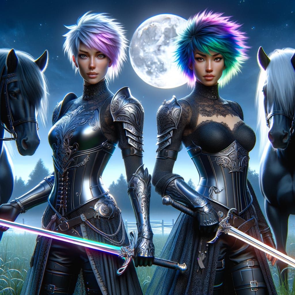 Gothic Warriors with Neon Rainbow Hair in Moonlight