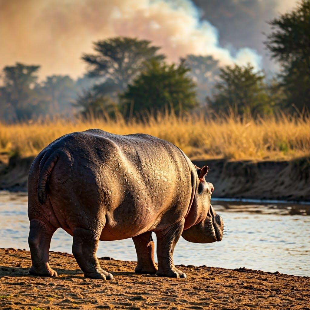 Hippo Observes Bushfire: Wildlife Photography