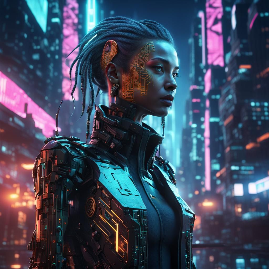 Cybernetic Woman in Dystopian Cityscape: Cyberpunk Aesthetic