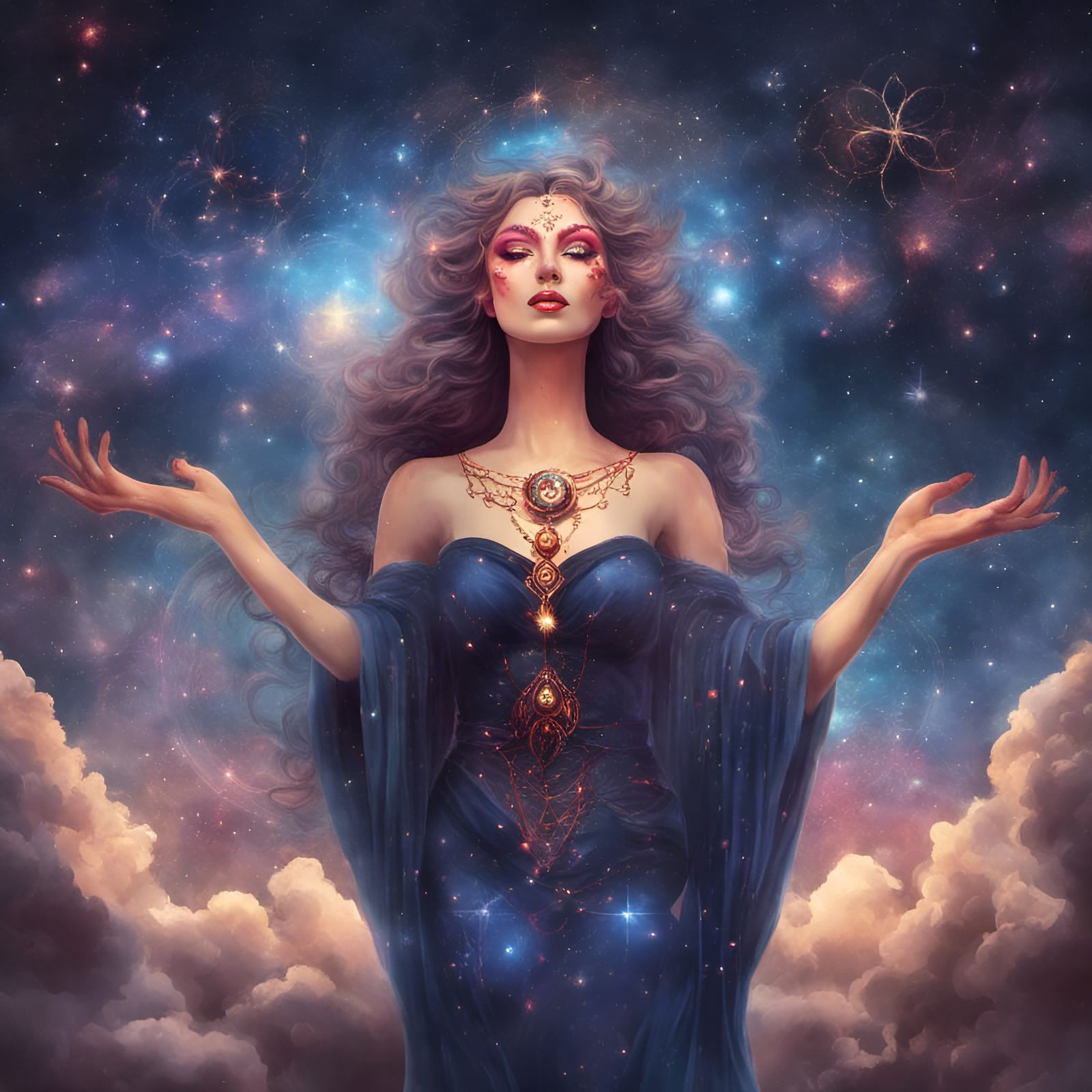 Wiccan Goddess Conjuring Galaxies with Gothic Makeup