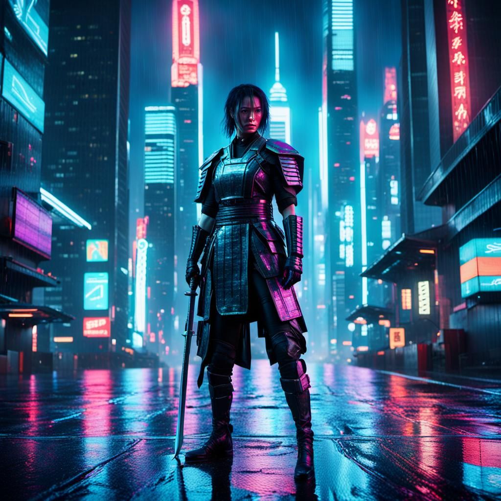 Cyberpunk Samurai Warrior in Neon Cityscape