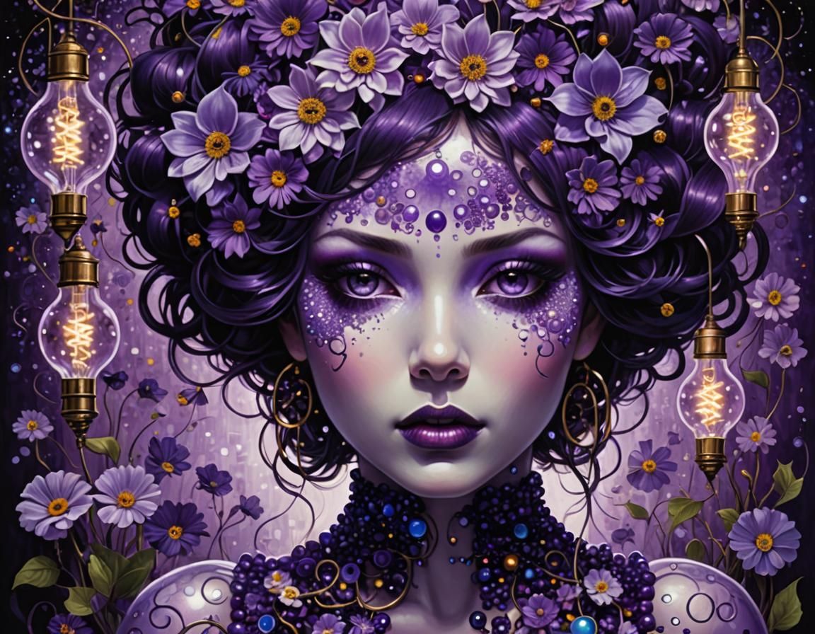 Purple Lightbulb Woman in Klimt-Inspired Digital Art
