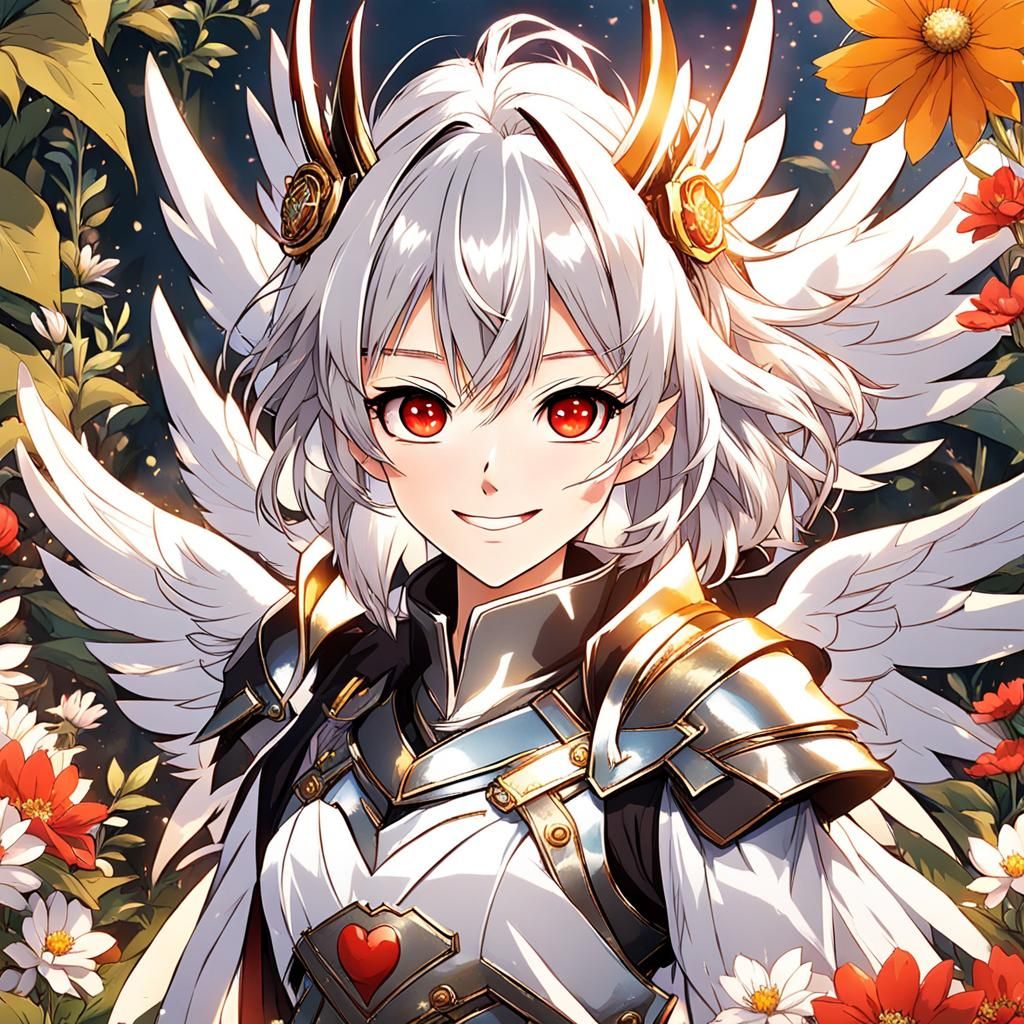 Anime Girl with White Wings and Golden Armor