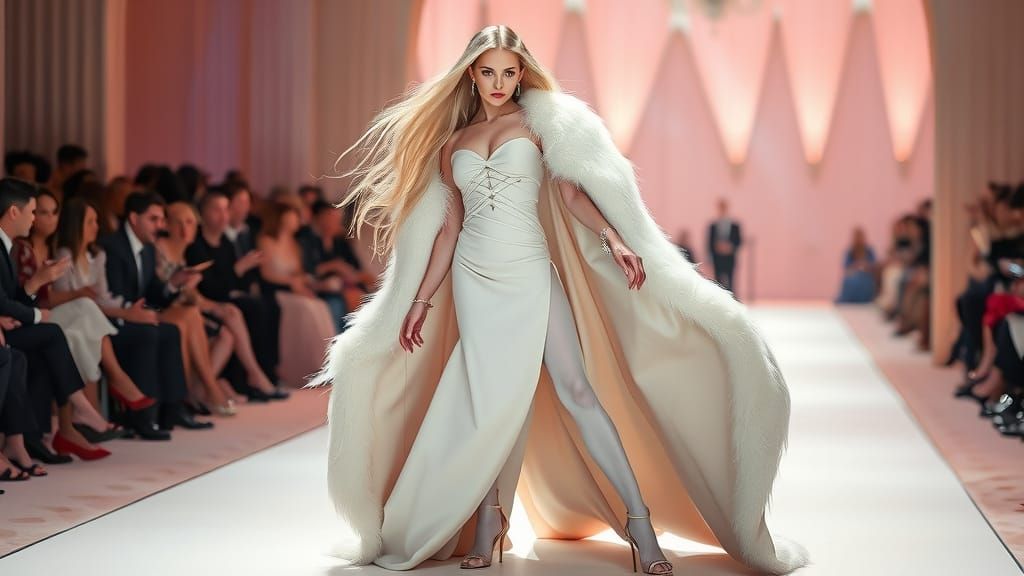 Albino Model on Catwalk in Haute Couture Style