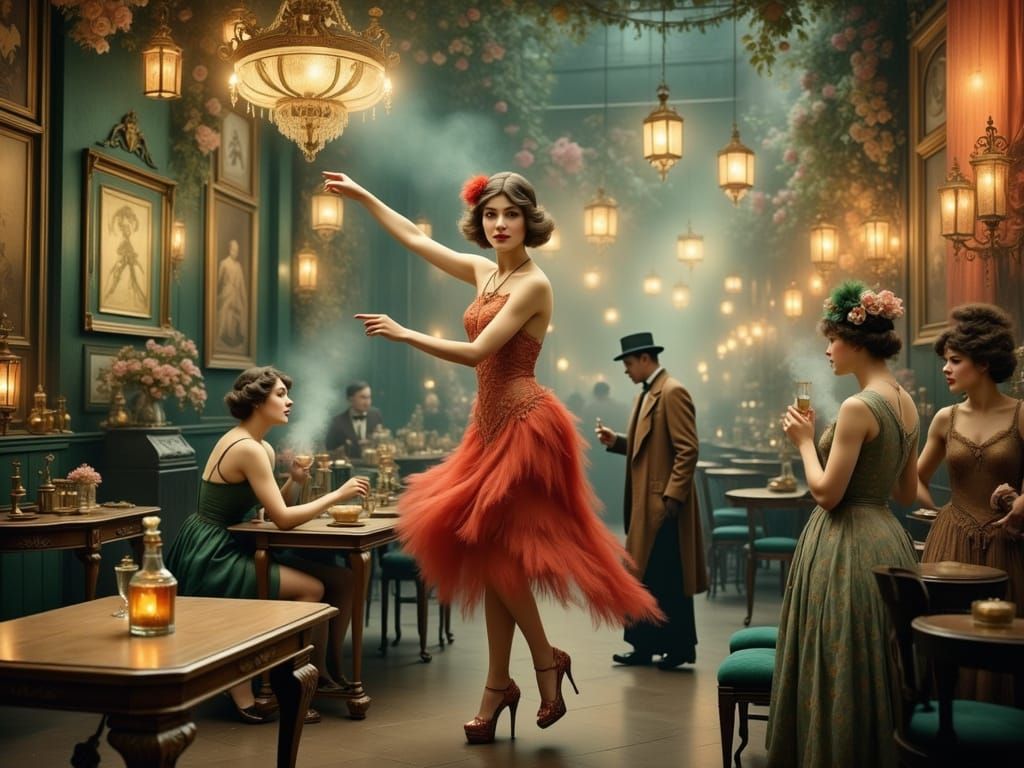 Flapper Girl Tap-Dances on Vintage Moulin Rouge Table in a W...