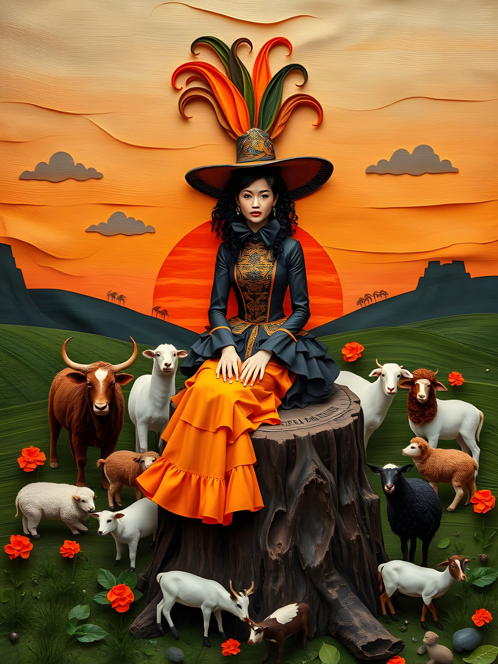 Farm Girl in Extravagant Crepe Paper Diorama