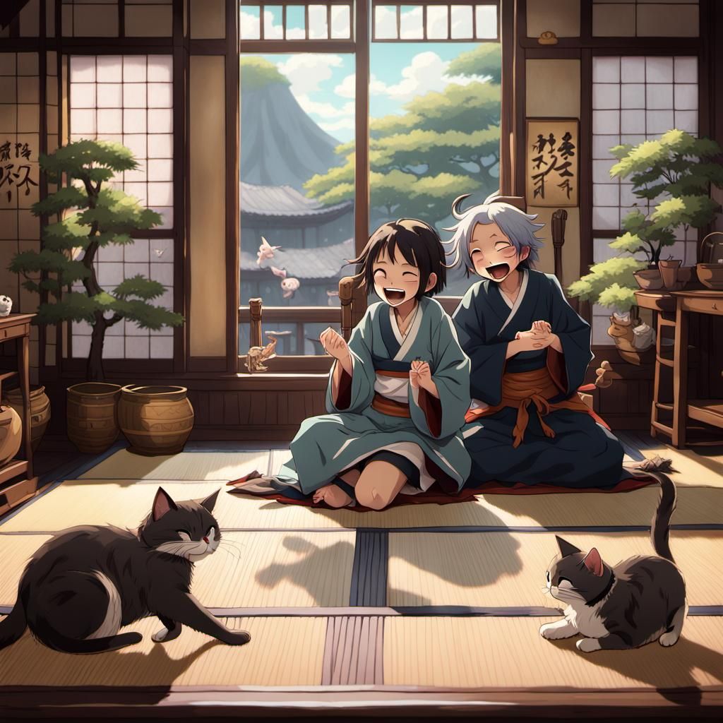 Anime Children and Cats Laughing on Tatami