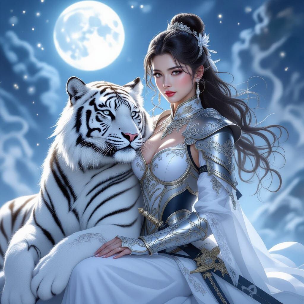Regal Warrior Woman with White Tiger in Moonlight