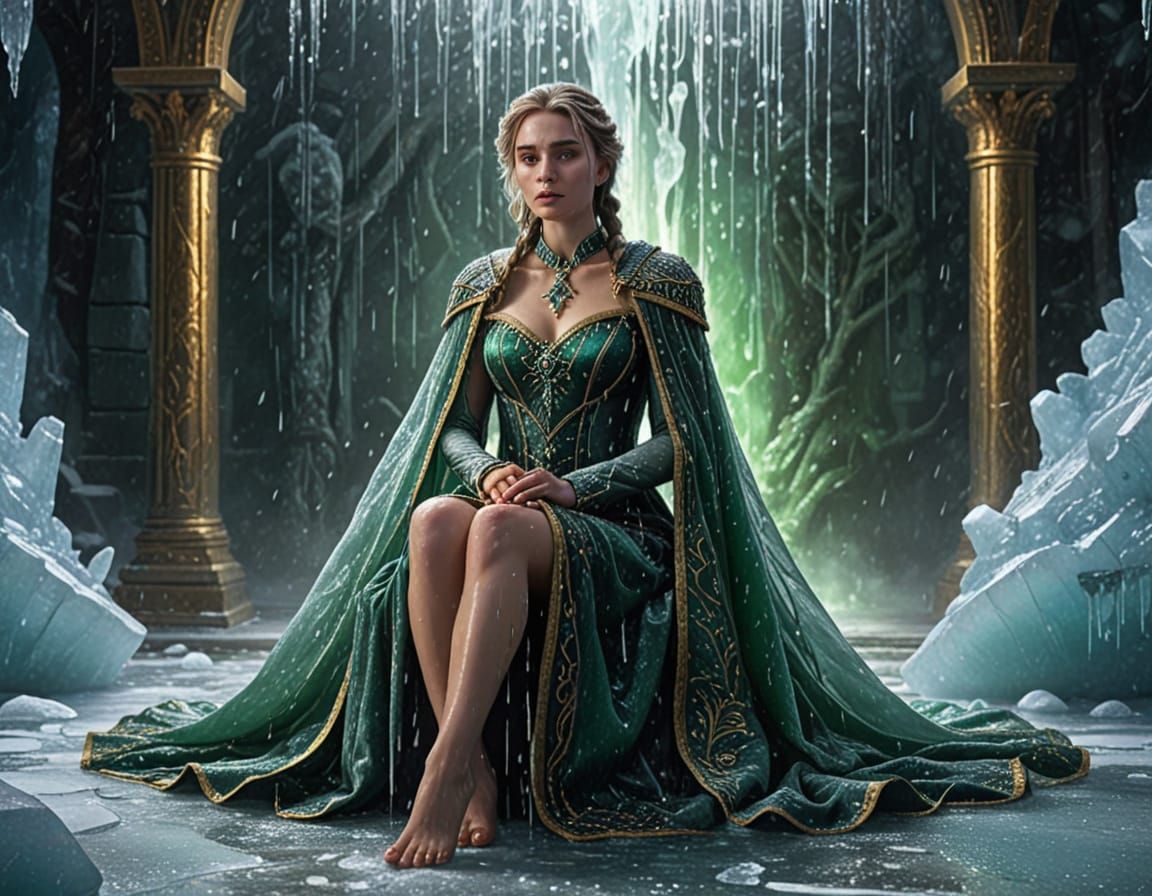 Woman on Frozen Throne in Emerald Mist: Vivid Oil Painting