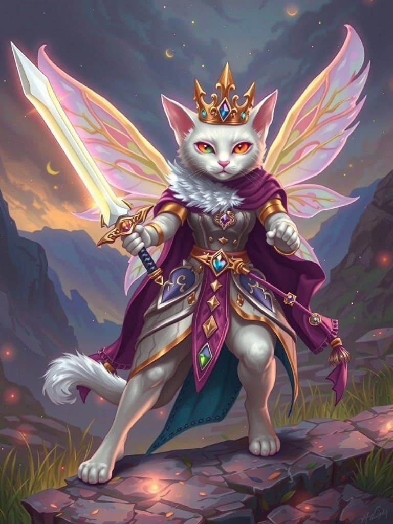 Regal Cat Fairy Wields Glowing Sword in Vibrant Fantasy Real...
