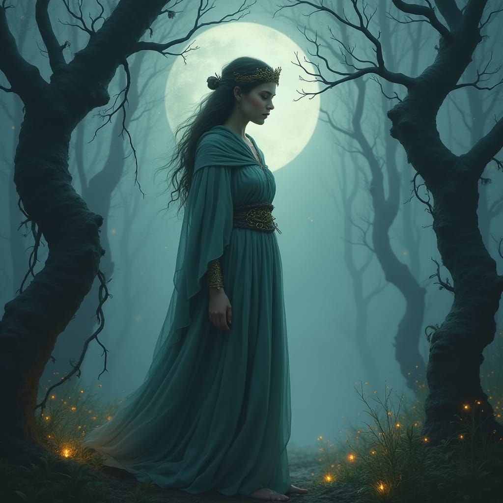Moonlit Druid Priestess in Ethereal Forest