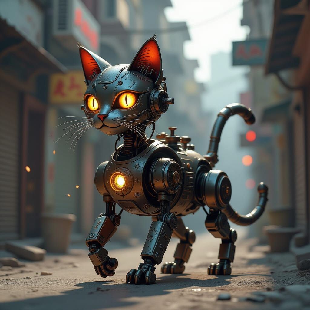 Steampunk Cat Robot in Post-Apocalyptic Cityscape